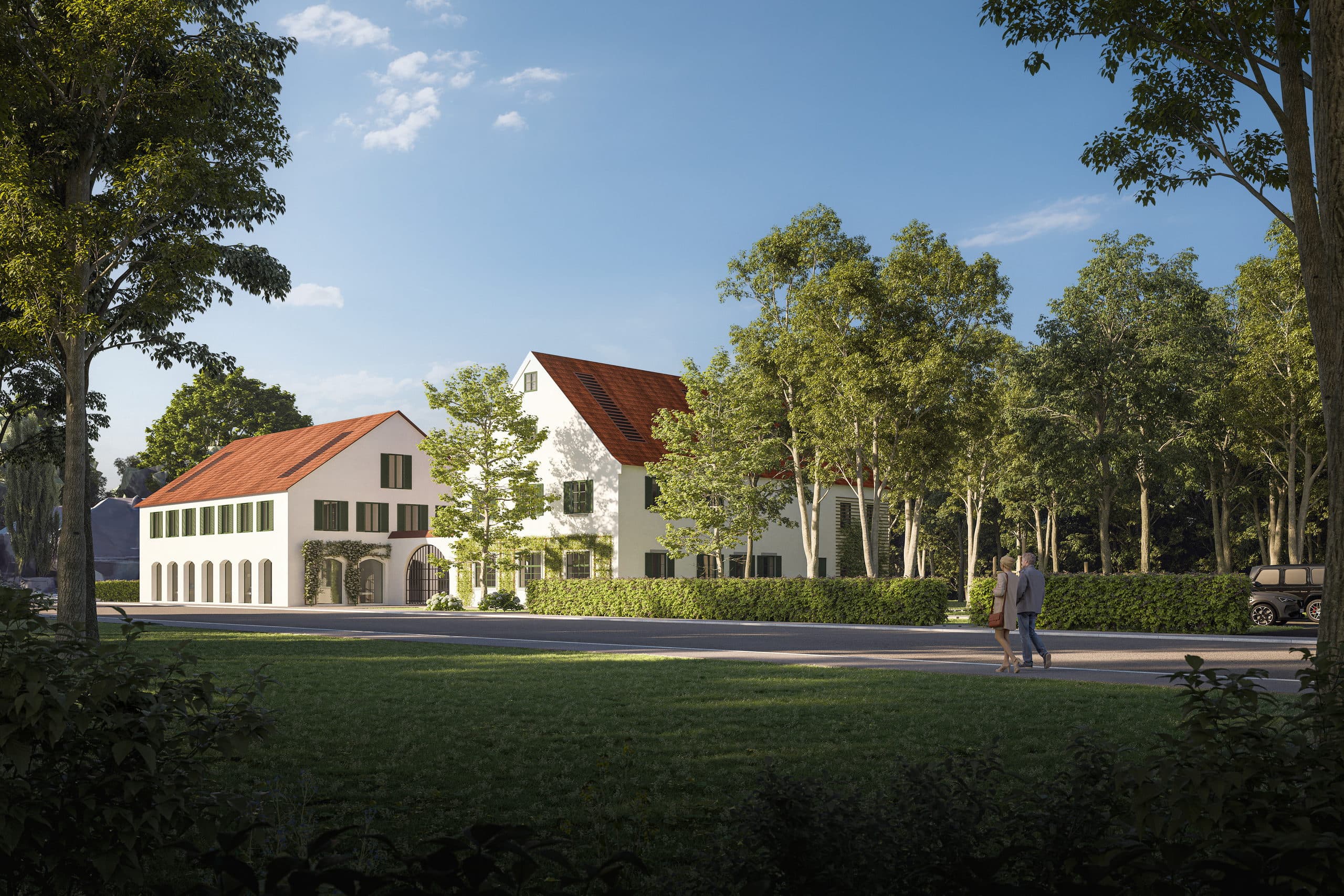 Visualisierung eines kommenden Wohnprojekts: Neubau mit Satteldach und Holzfassade hinter altem Baumbestand, davor eine Wiese