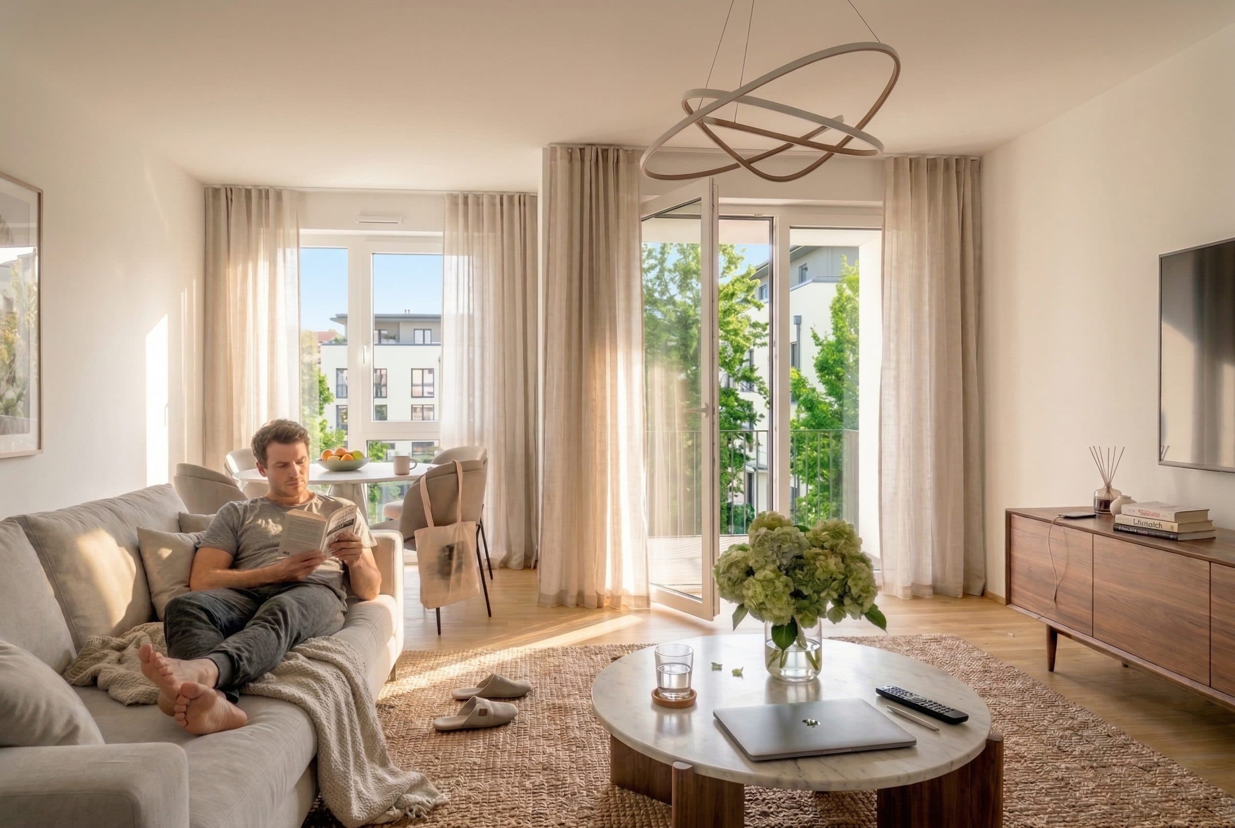KI-visualisierte Möblierung eines Wohnraums im Annelies Quartier — Lesen auf dem Sofa im Nachmittagslicht (Beispiel Wohnung B.1.2.50)