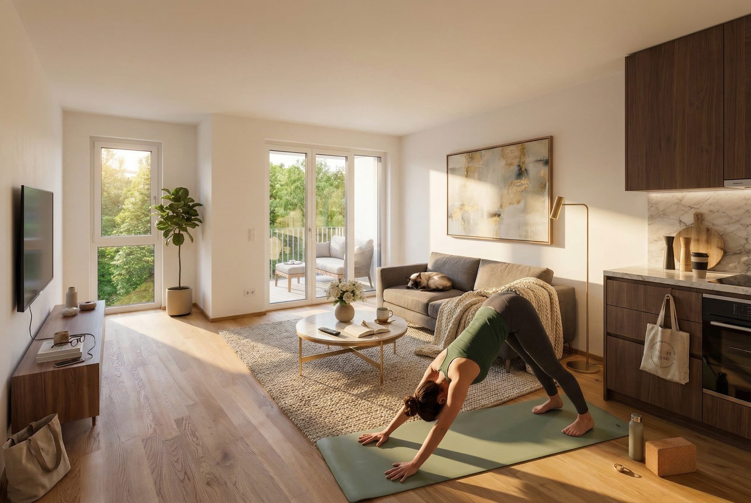KI-visualisierte Möblierung eines sonnigen Wohnraums im Annelies Quartier mit Yoga auf dem Eichenparkett (Beispiel Wohnung D.2.2.78)