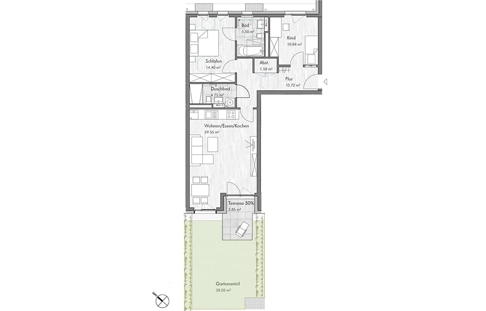 Grundrissplan einer 3-Zimmer-Gartenwohnung