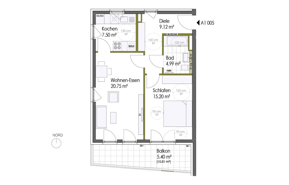 Grundrissplan einer 2-Zimmer-Wohnung mit Balkon