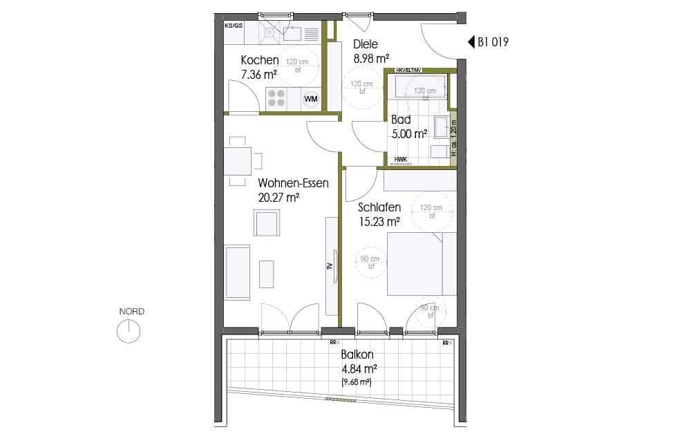 Grundrissplan einer 2-Zimmer-Wohnung mit Balkon