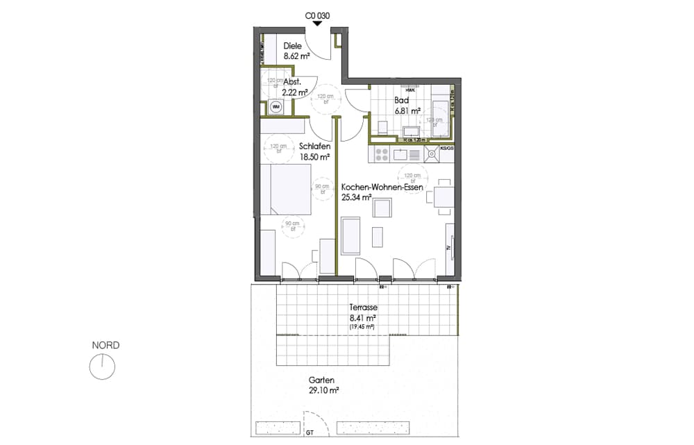 Grundrissplan einer 2-Zimmer-Gartenwohnung