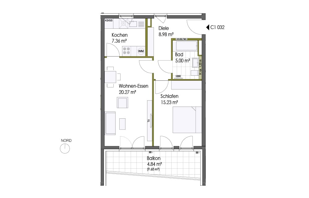 Grundrissplan einer 2-Zimmer-Wohnung mit Balkon