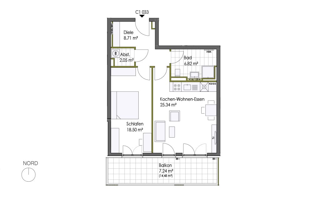 Grundrissplan einer 2-Zimmer-Wohnung mit Balkon