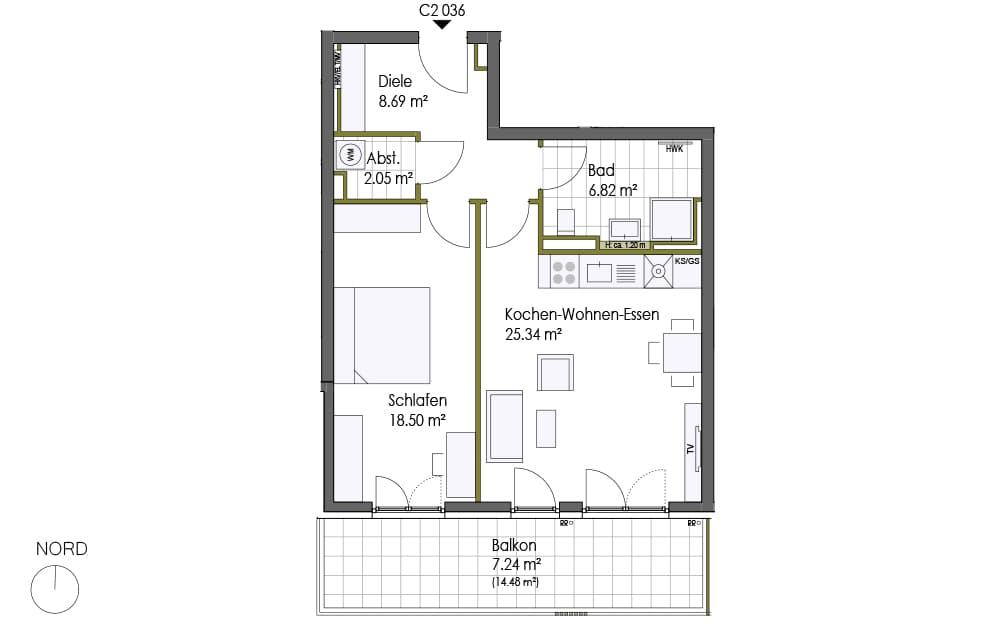 Grundrissplan einer 2-Zimmer-Wohnung mit Balkon