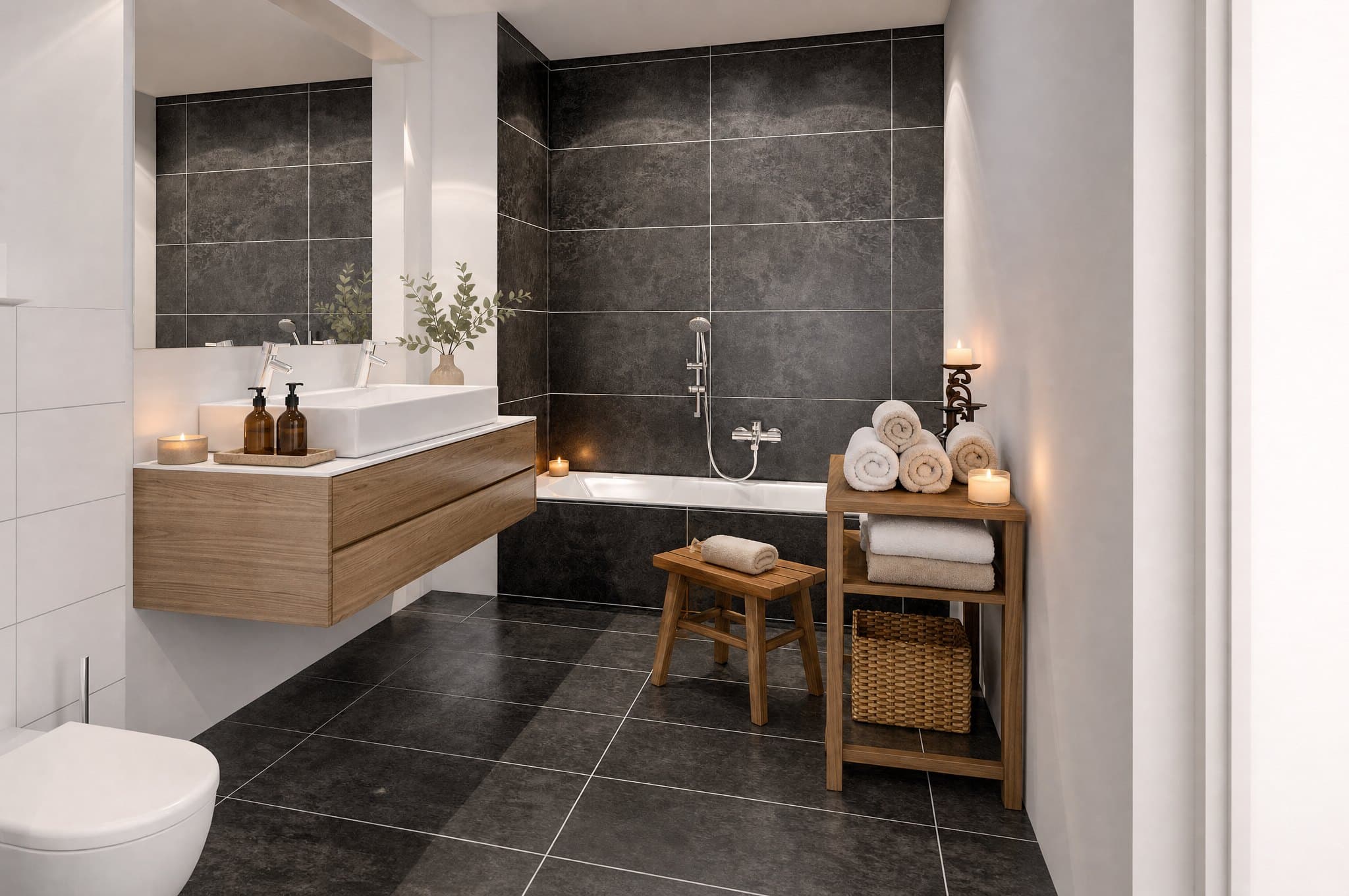 KI-visualisierte Dekoration des Badezimmers mit Wanne und großformatigem Feinsteinzeug einer Wohnung im Römertor (Beispielwohnung)