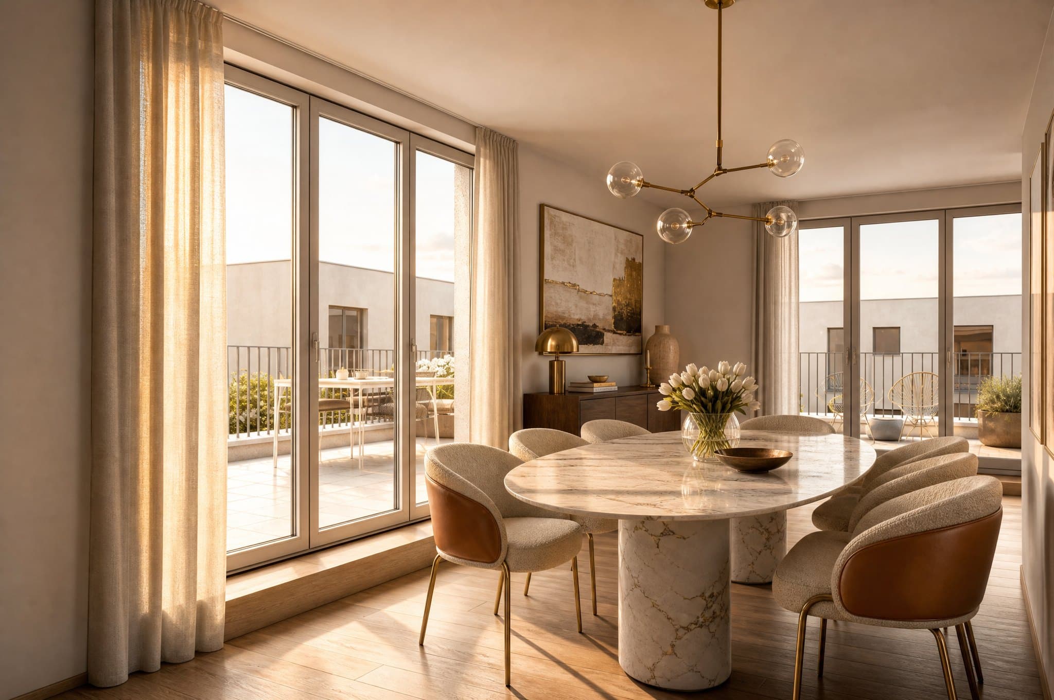 KI-visualisierte Einrichtung des Essplatzes vor den bodentiefen Fenstern zur Terrasse einer Wohnung im Römertor (Beispielwohnung)