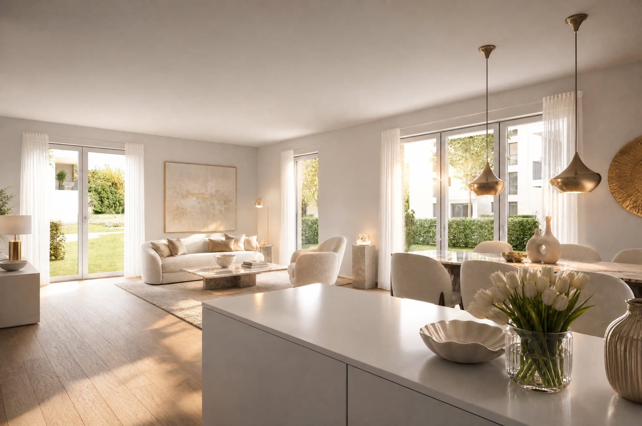 KI-visualisierte Einrichtung des offenen Wohnbereichs mit Küche und Gartenblick einer Wohnung im Römertor (Beispielwohnung)