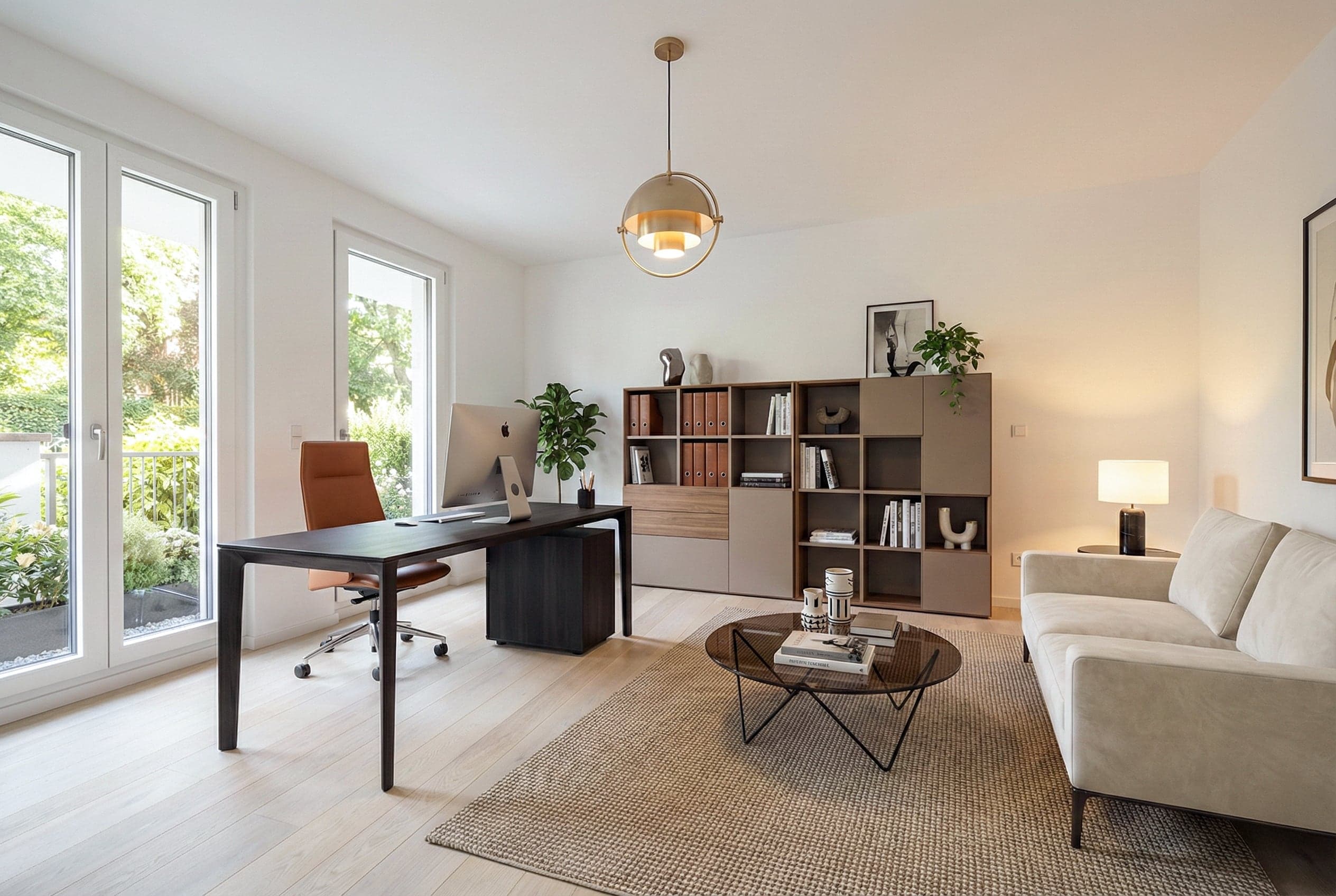 KI-visualisierte Einrichtung eines Zimmers der Gartenwohnung WE 003 im Wohnjuwel an der Menterschwaige als Arbeitszimmer