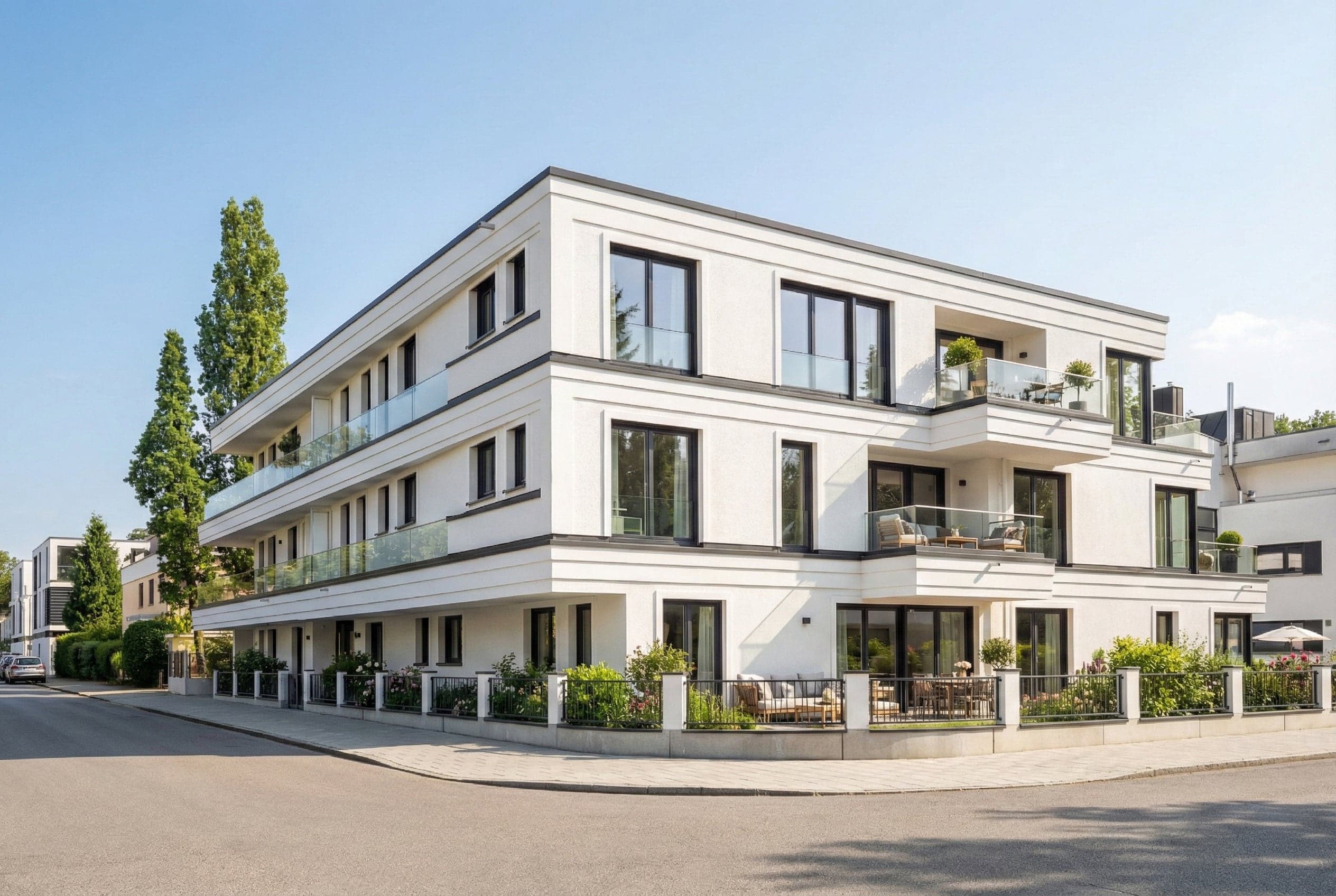 Wohnjuwel an der Menterschwaige München-Harlaching — weiße Stadtvilla an der Straßenecke mit Balkonen, Terrassen und bepflanzten Vorgärten