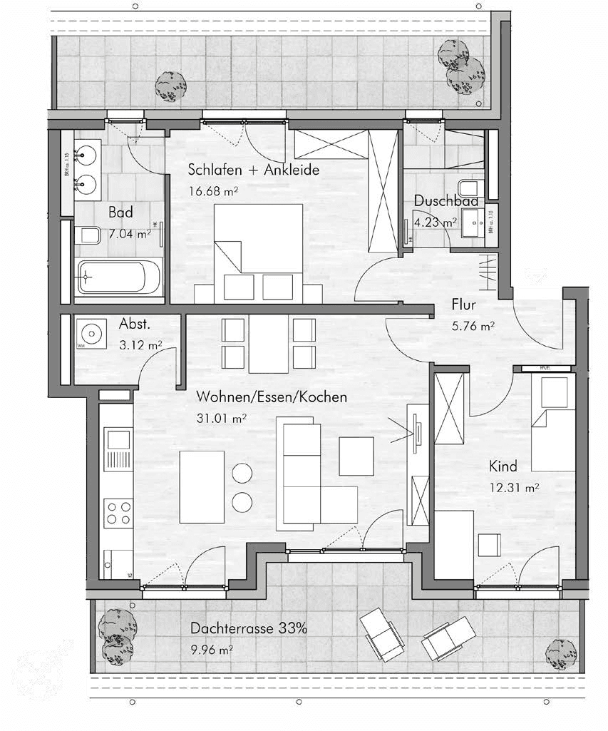 Grundrissplan eines 3-Zimmer-Penthouses im Annelies Quartier, Einheit A.2.3.29