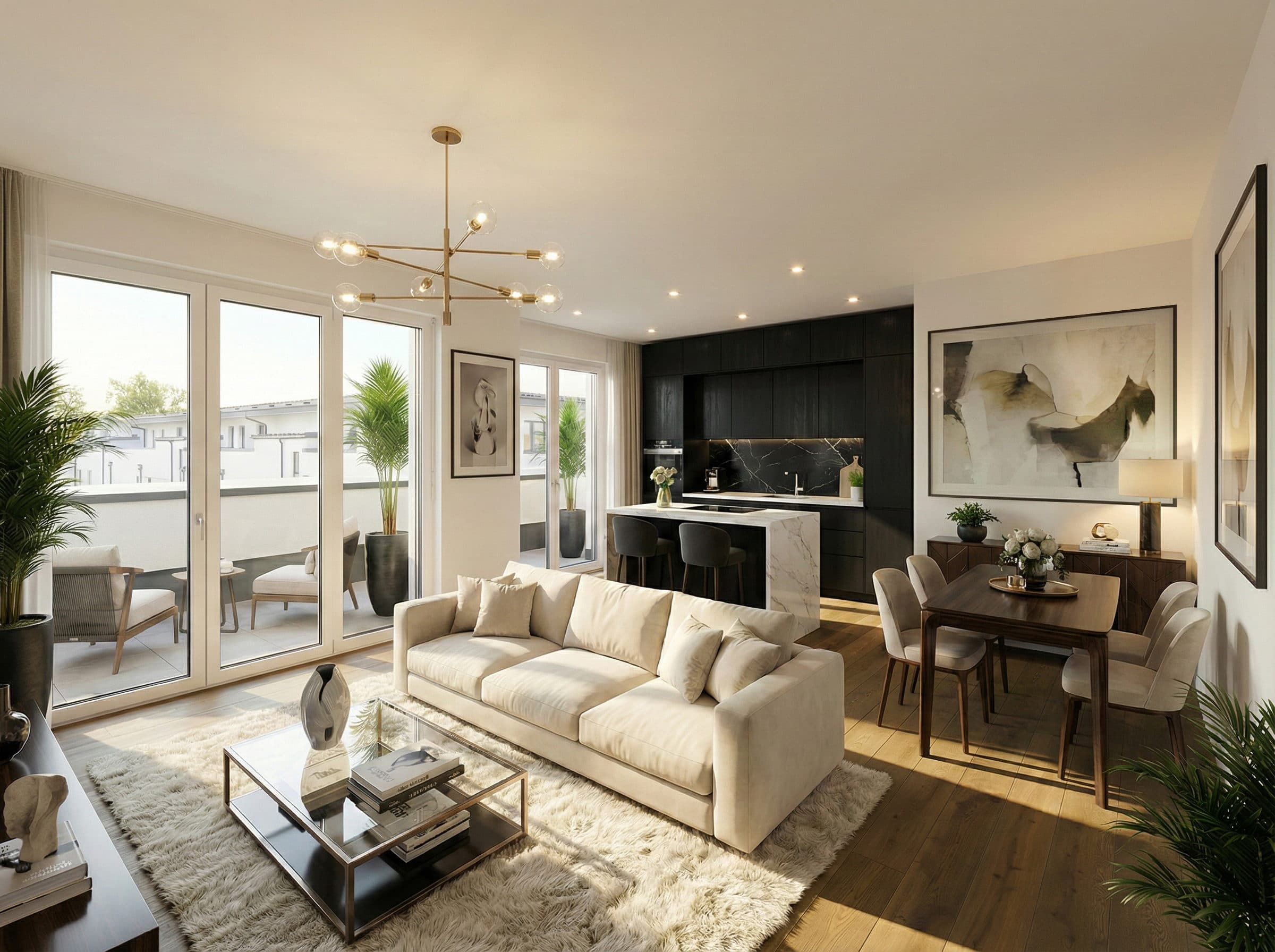 KI-visualisierte Möblierung des Wohn- und Küchenbereichs des Penthouses A.2.3.29 mit Blick auf die Dachterrasse