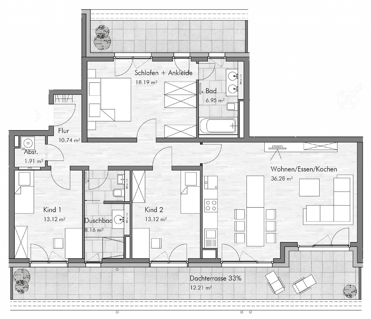 Grundrissplan eines 4-Zimmer-Penthouses im Annelies Quartier, Einheit A.2.3.30