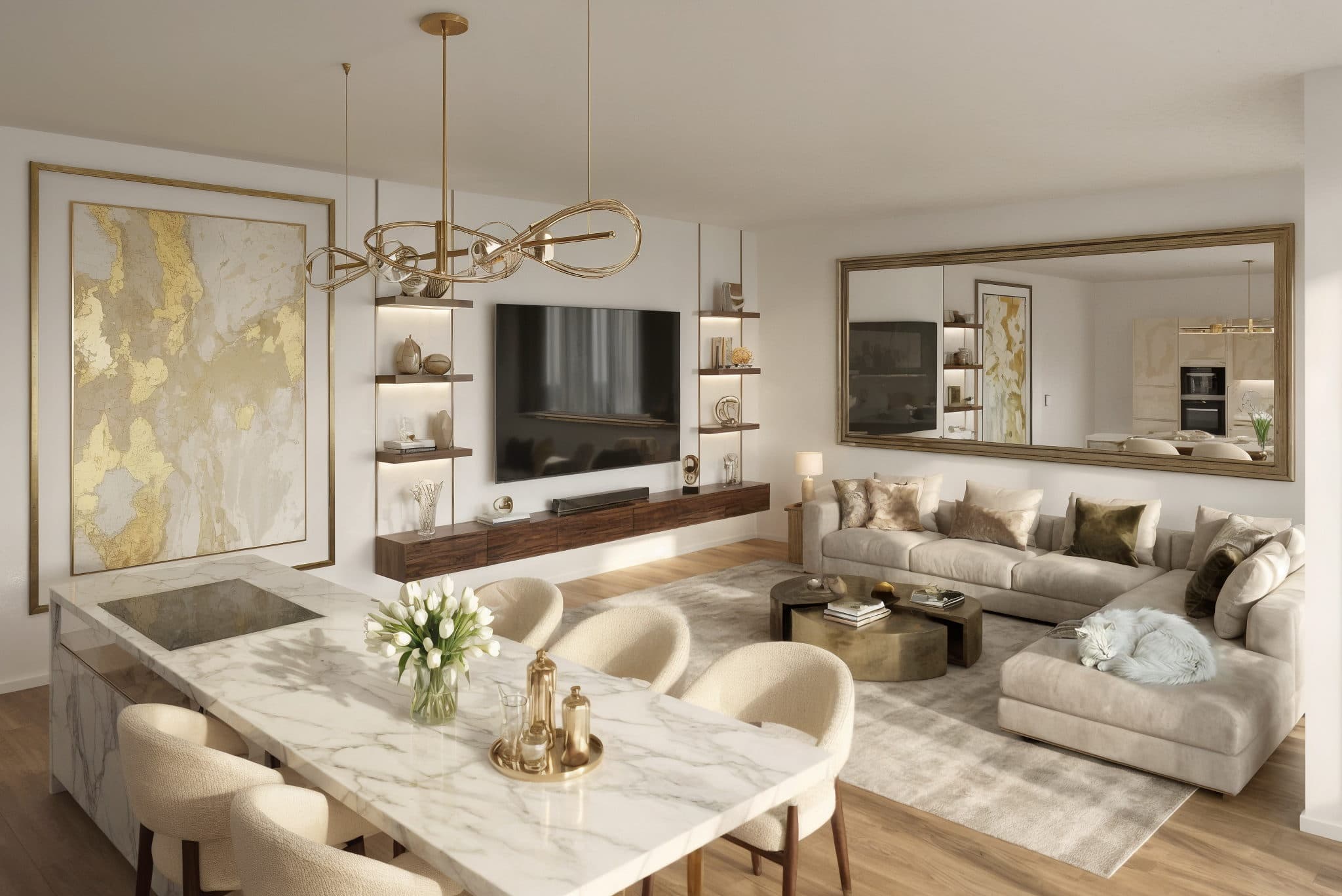KI-visualisierte Möblierung des Wohn- und Essbereichs eines Penthouses im Annelies Quartier im Abendlicht (Penthouse A.2.3.30)