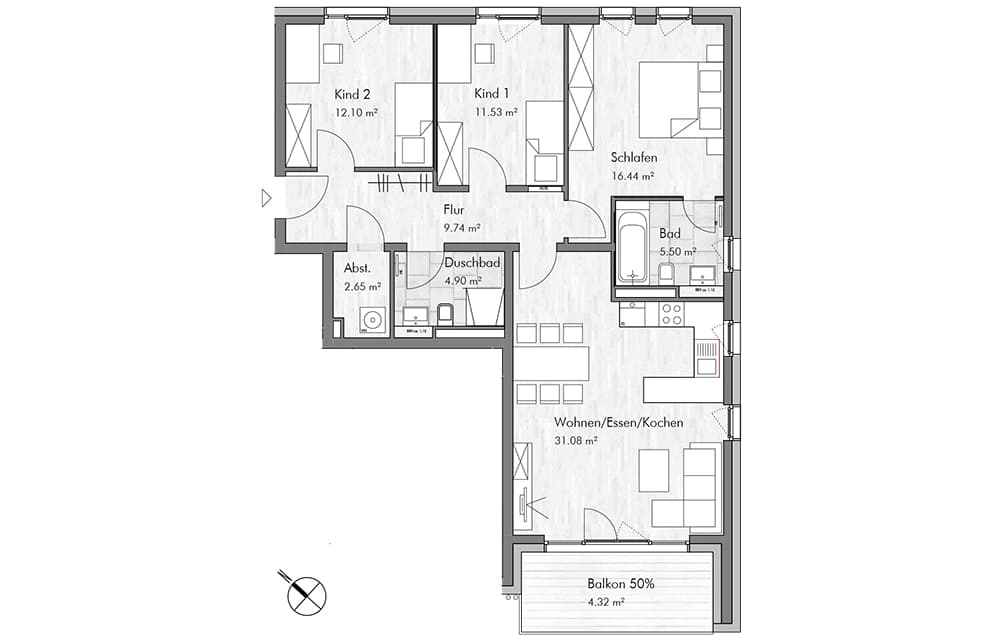 Grundrissplan einer 4-Zimmer-Wohnung mit Balkon