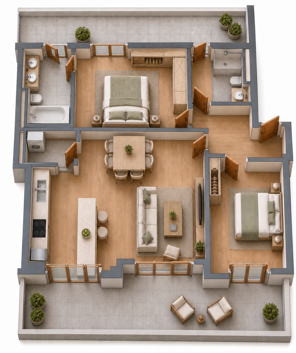 3D-Visualisierung des Grundrissplans eines 3-Zimmer-Penthouses im Annelies Quartier, Einheit A.2.3.29