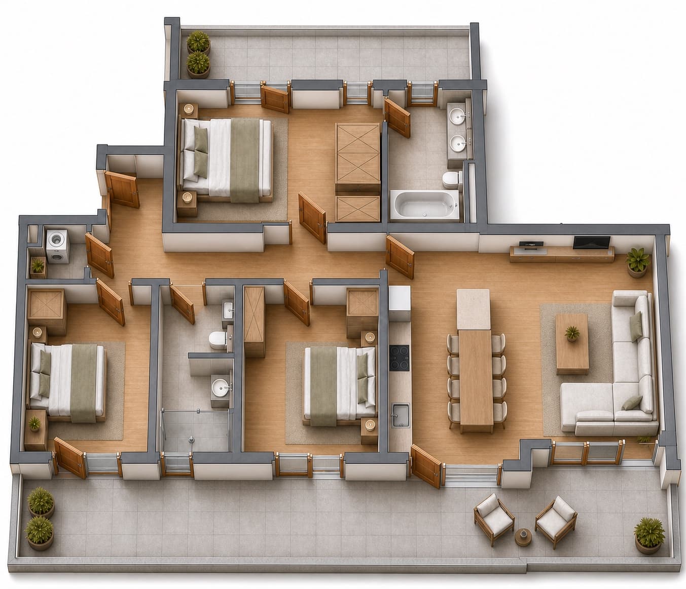 3D-Visualisierung des Grundrissplans eines 4-Zimmer-Penthouses im Annelies Quartier, Einheit A.2.3.30