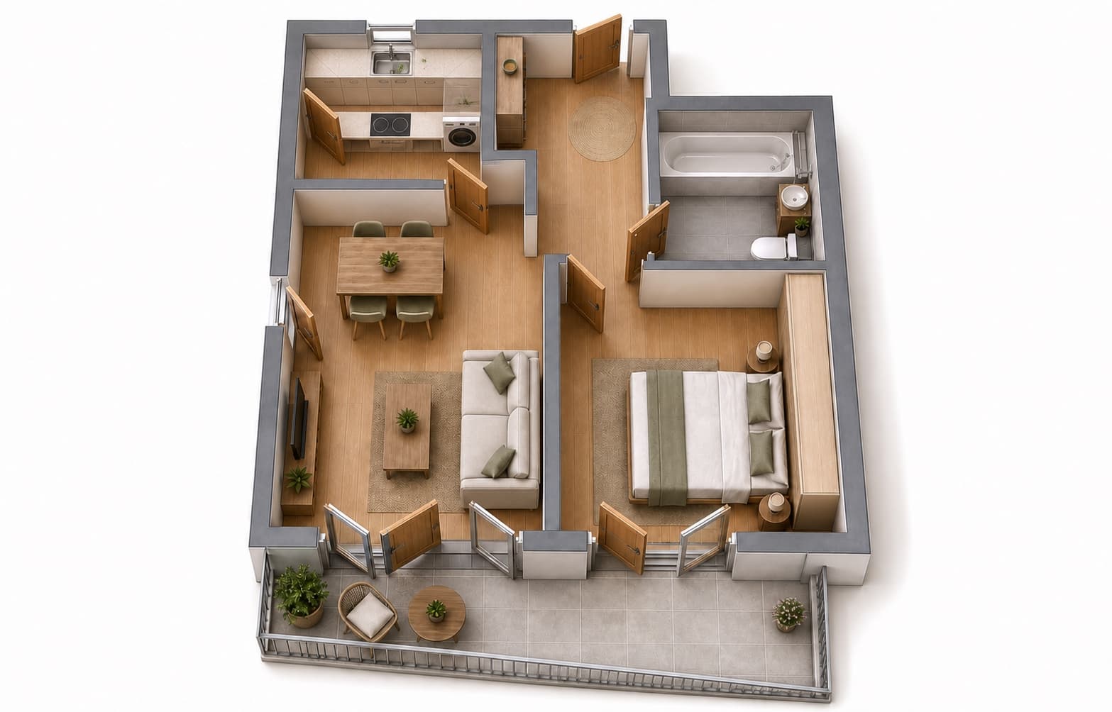 3D-Visualisierung des Grundrissplans einer 2-Zimmer-Wohnung mit Balkon