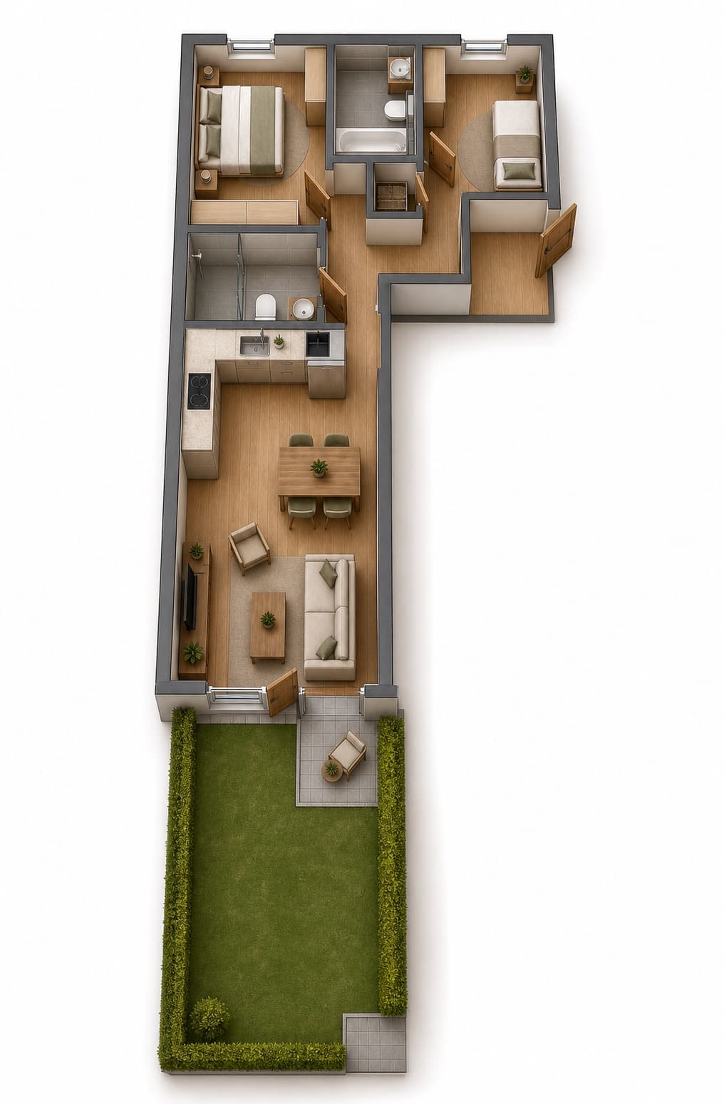 3D-Visualisierung des Grundrissplans einer 3-Zimmer-Gartenwohnung