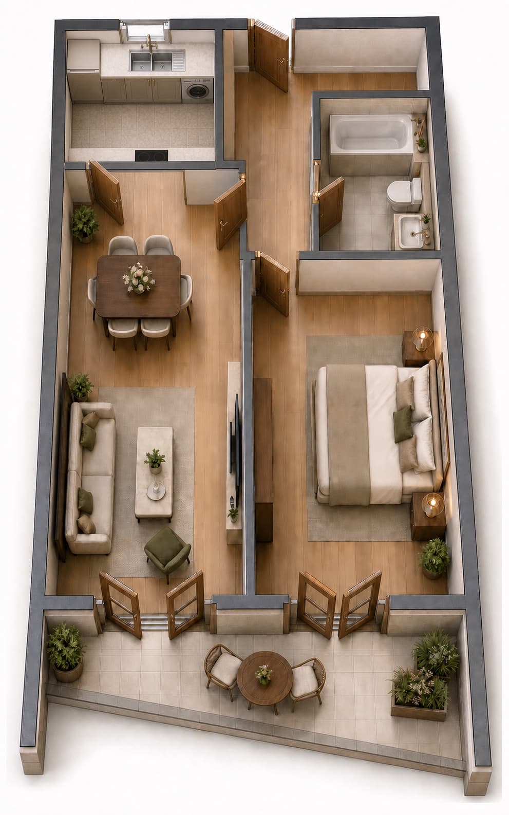 3D-Visualisierung des Grundrissplans einer 2-Zimmer-Wohnung mit Balkon