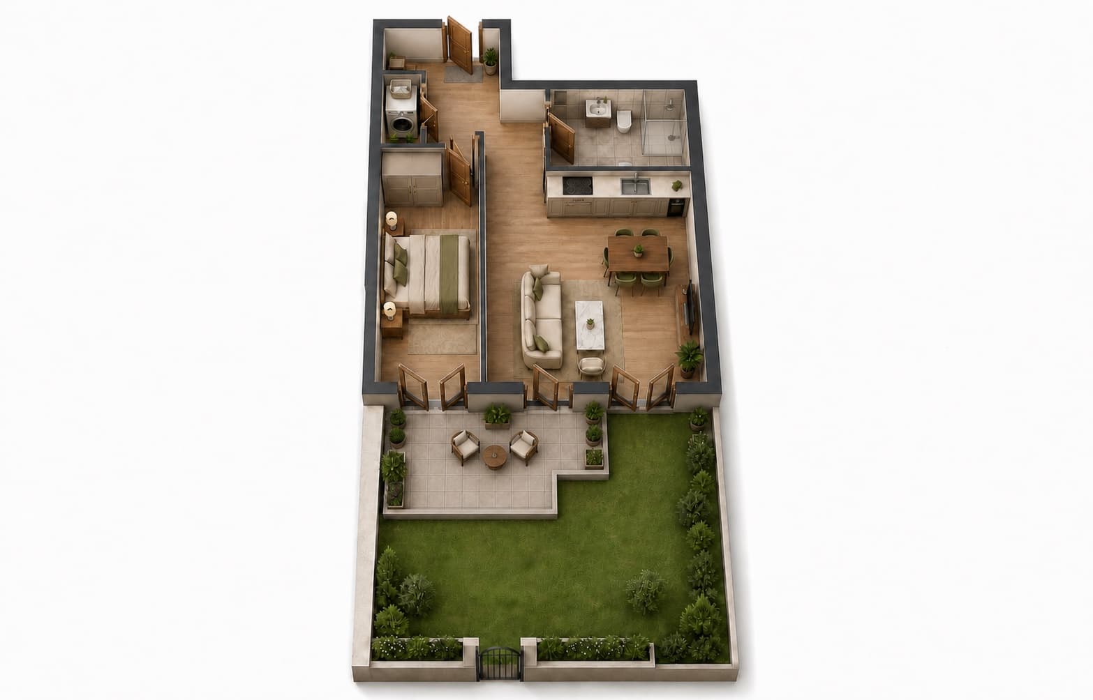 3D-Visualisierung des Grundrissplans einer 2-Zimmer-Gartenwohnung