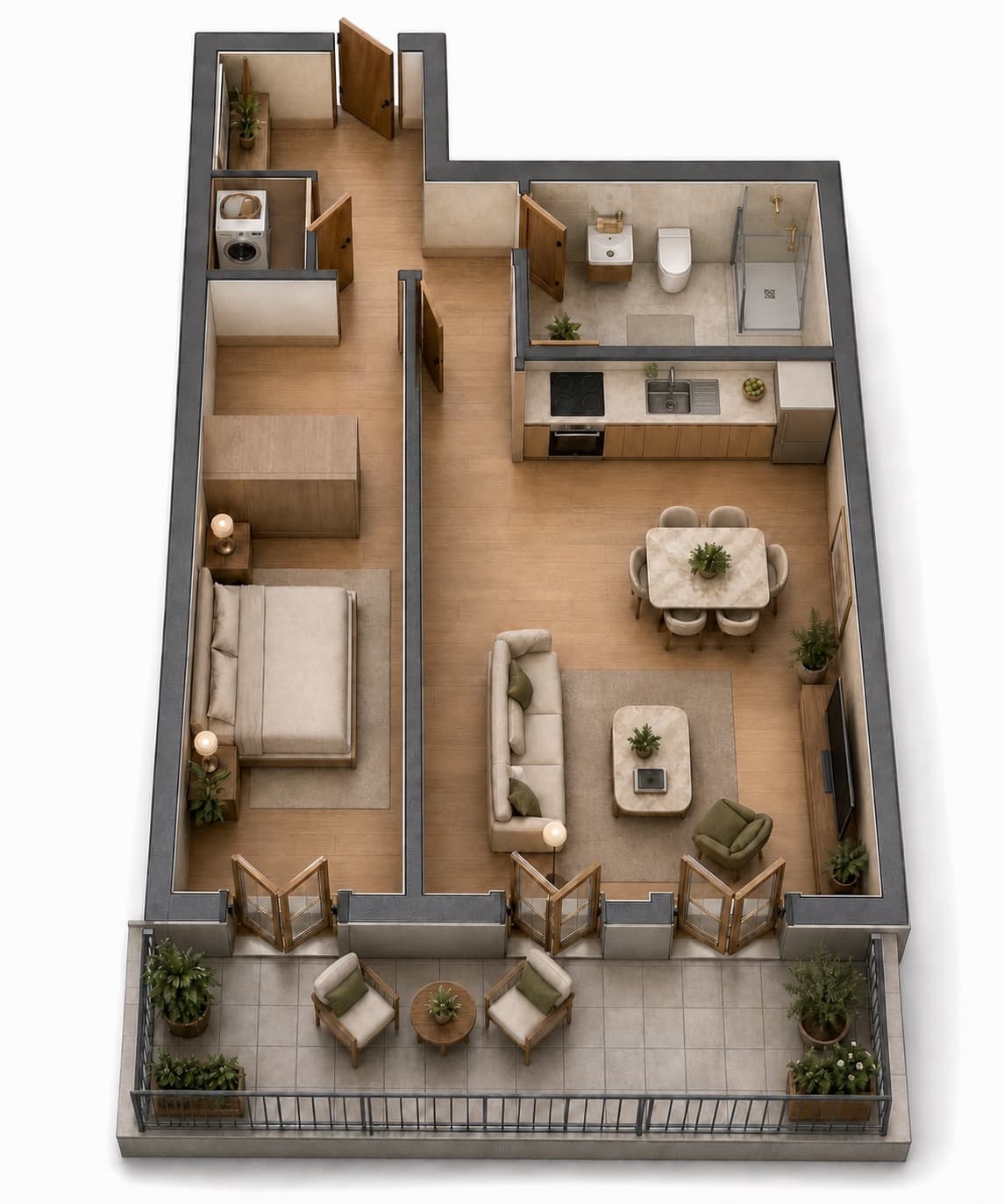 3D-Visualisierung des Grundrissplans einer 2-Zimmer-Wohnung mit Balkon