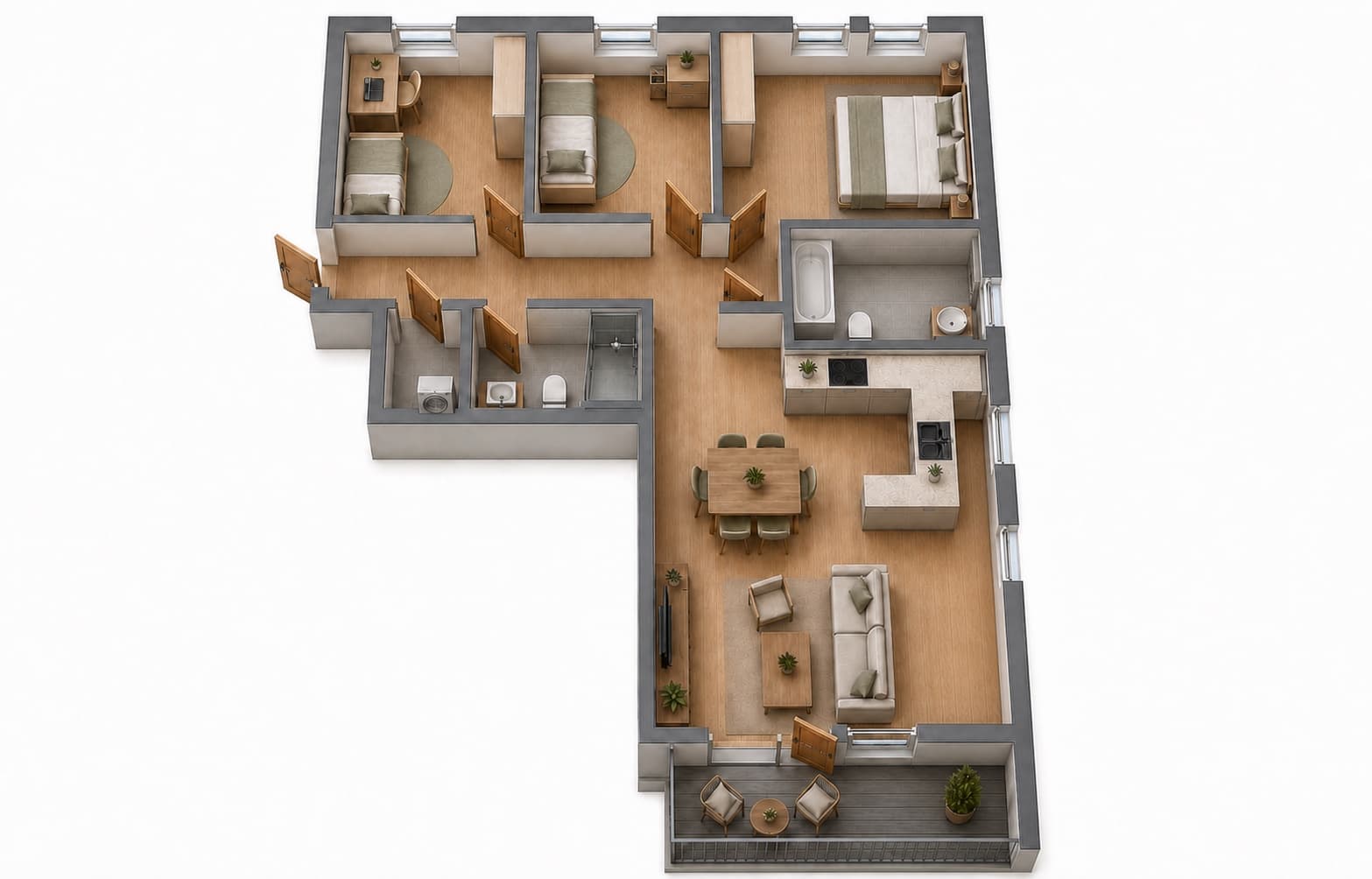 3D-Visualisierung des Grundrissplans einer 4-Zimmer-Wohnung mit Balkon
