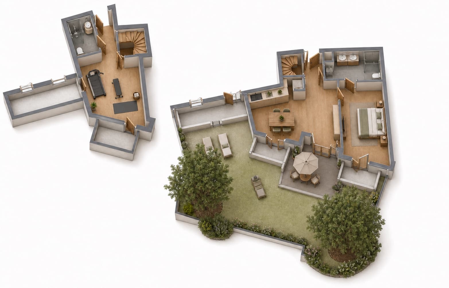 3D-Visualisierung des Grundrissplans einer 3-Zimmer-Gartenwohnung