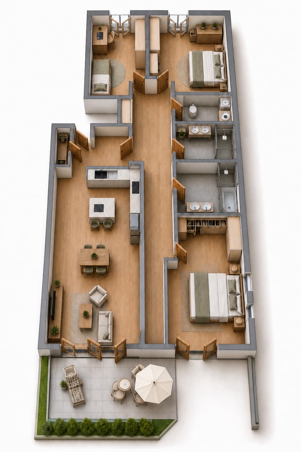 3D-Visualisierung des Grundrissplans einer 4,5-Zimmer-Gartenwohnung