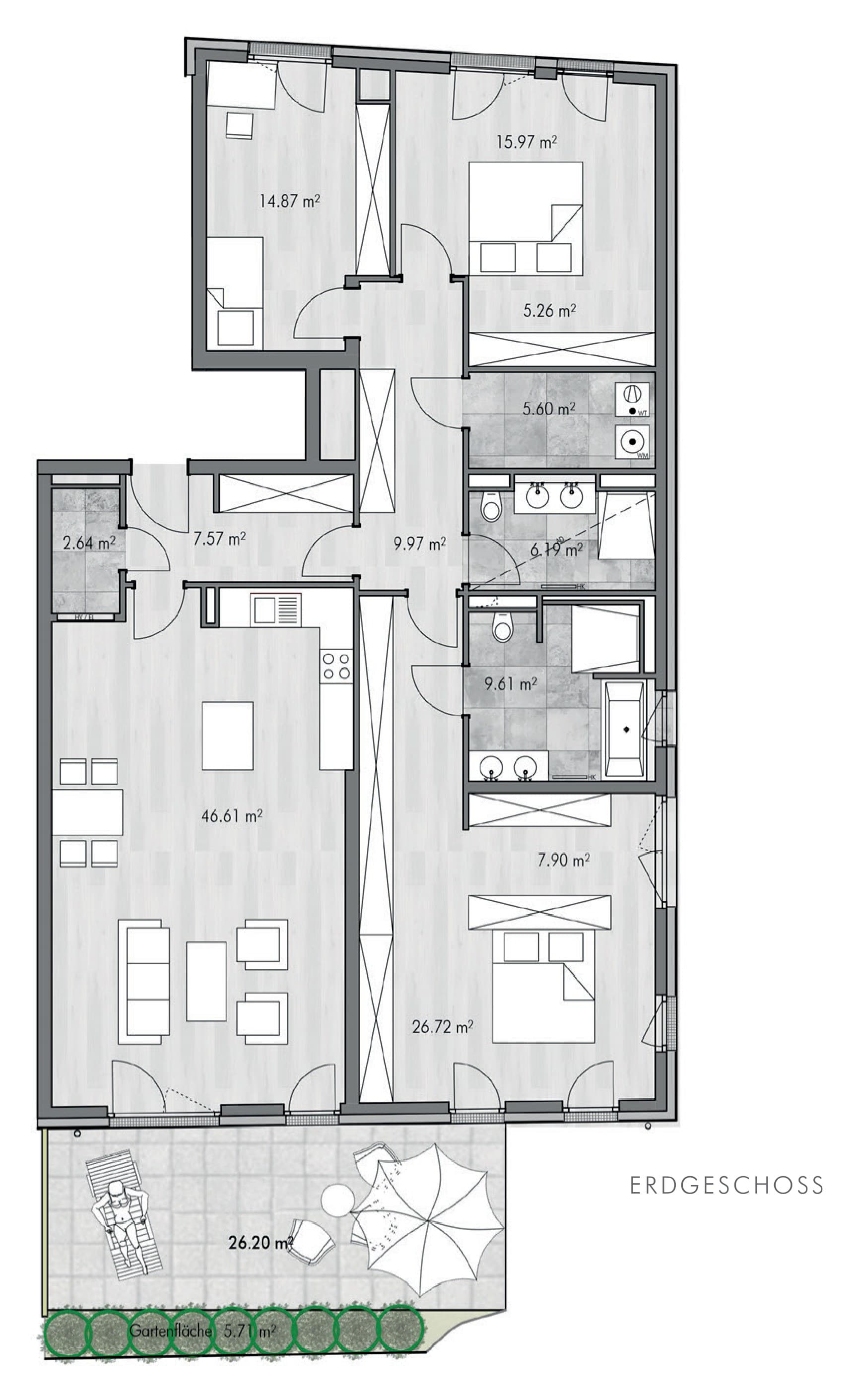 Grundrissplan einer 4,5-Zimmer-Gartenwohnung