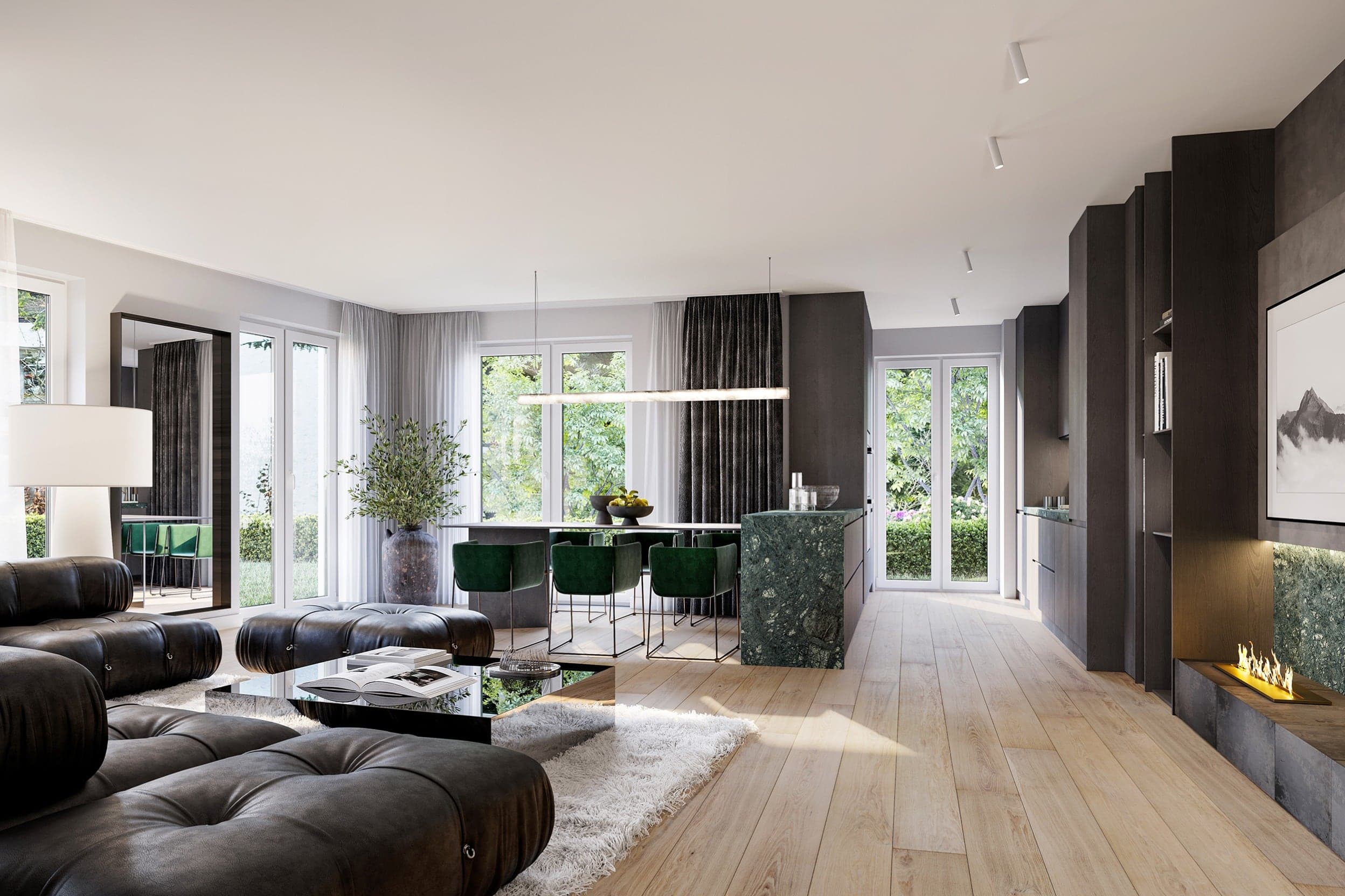 Hell möbliertes Wohnzimmer einer Neubauwohnung