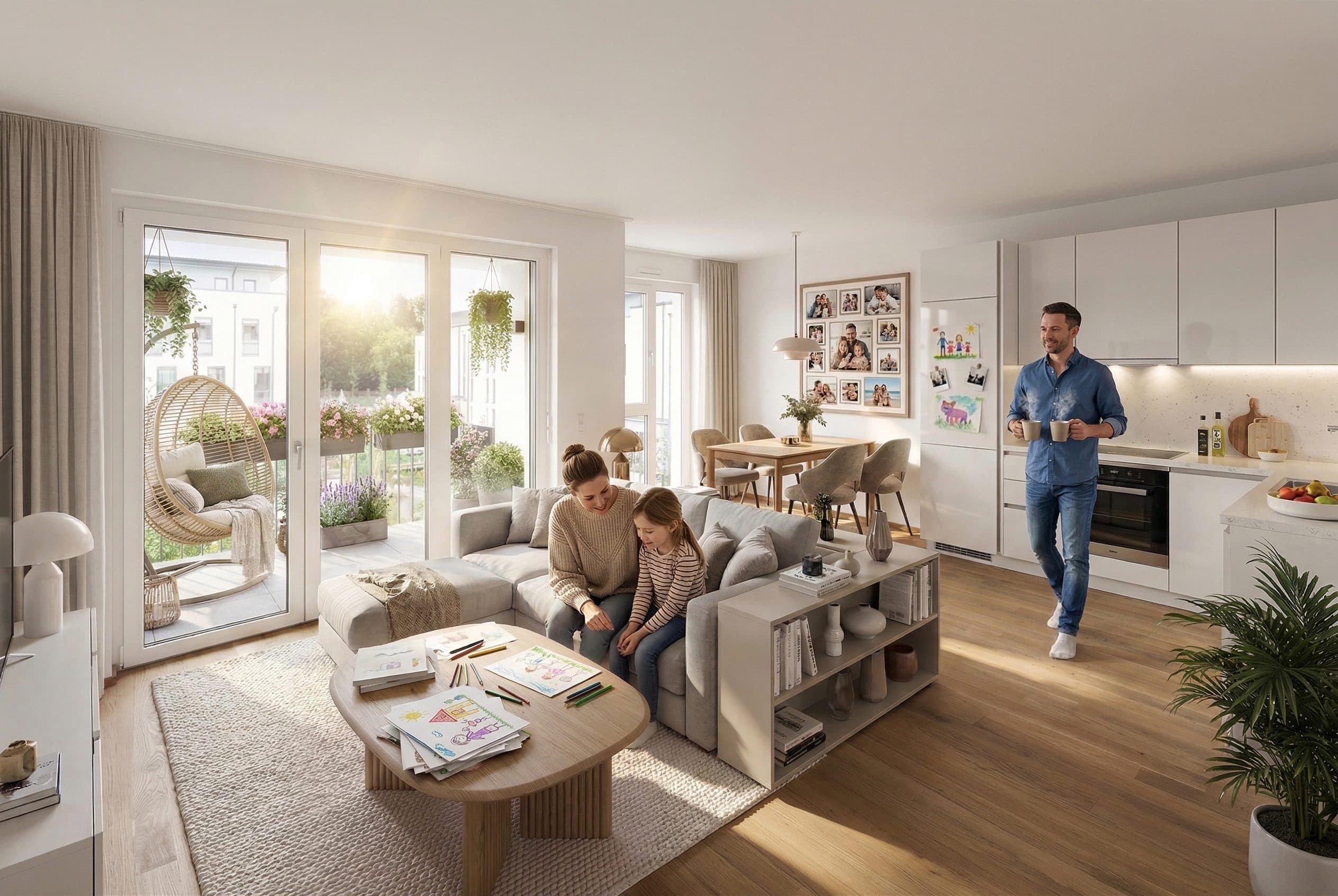 Familie in einer hellen Wohnküche mit Balkon — digital möblierte Wohnung im Annelies Quartier Haar